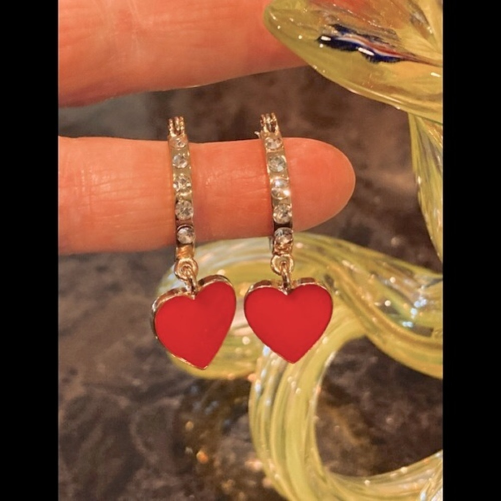 Guess Red Hearts, Gold Tone Hoops  & Chrystal Stones NWOT
